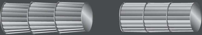 Конические лопасти вентилятора, используемые в кондиционерах Hitachi (слева) и обычные цилиндрические лопасти (справа)